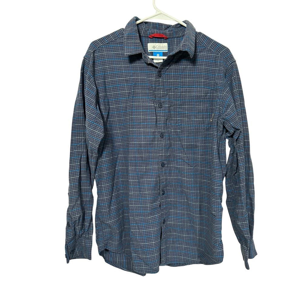 Columbia Mens Blue Grey Plaid Long Sleeve Button Down Cotton Shirt Hiking M